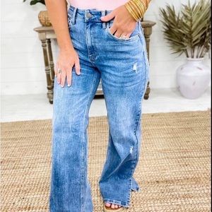 Risen High-Rise Wide-Leg Jeans w/ Side Slit